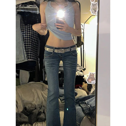 Vintage High Street Low-Waisted Jeans Women 2025 Summer All-Match Wide Leg Y2K Denim Trousers Female Sexy Slim Fit Flares Pants