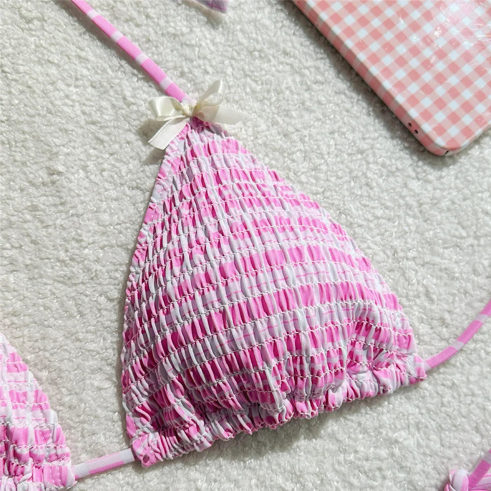 Pink Plaid Print String Micro Bikini Thong 2025 Sexy Swimsuit Women Halter Wrinkle Swimwear Bow Triangle Bikinis Sets Beach Wear