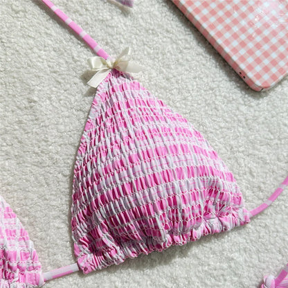 Pink Plaid Print String Micro Bikini Thong 2025 Sexy Swimsuit Women Halter Wrinkle Swimwear Bow Triangle Bikinis Sets Beach Wear