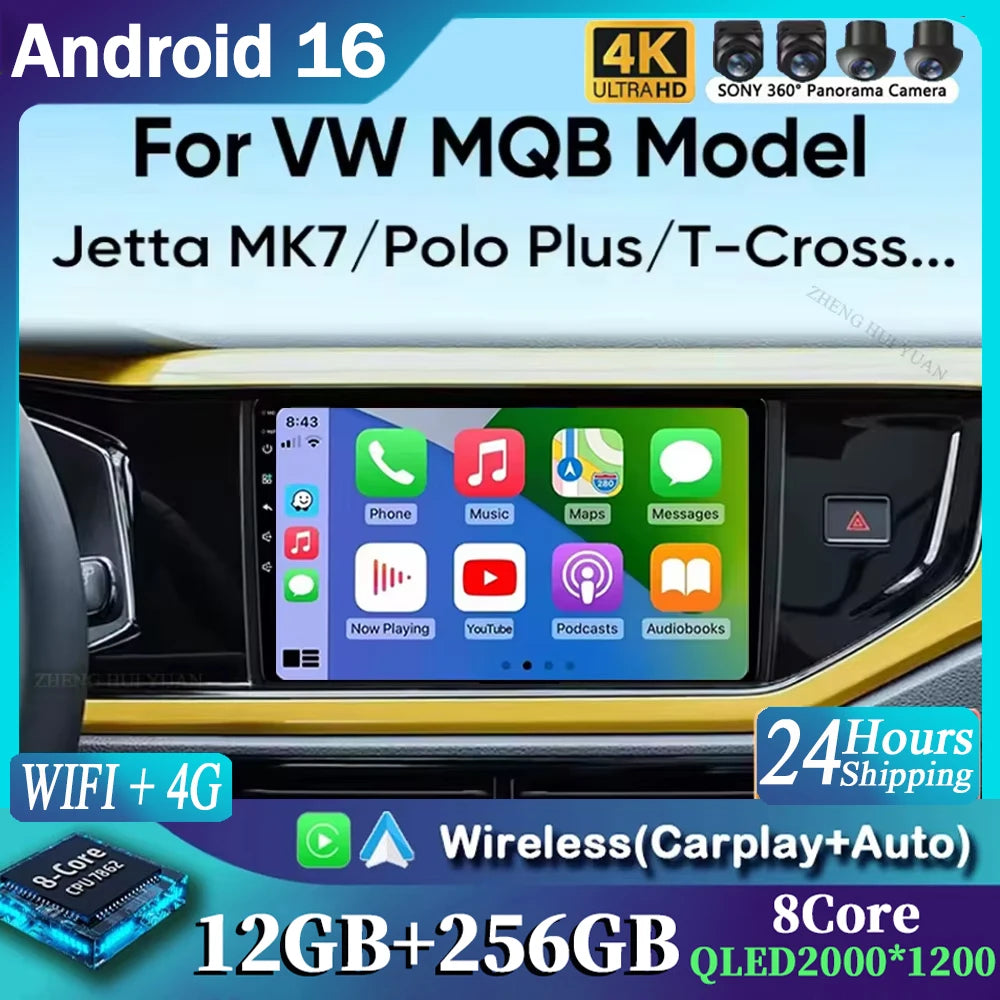 Android 16 Car Radio GPS Navigation QLED Carplay Auto Multimedia Stereo Player For Volkswagen VW Polo Plus Jetta MK7 T6 Passat