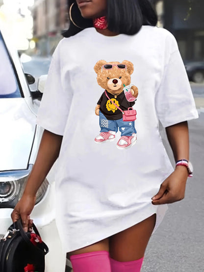 Women's Summer Casual Loose Size BEAR cartoon Print Round Neck Short Sleeve T-shirt Dress Fashion Streetwear Oversized O-Neck