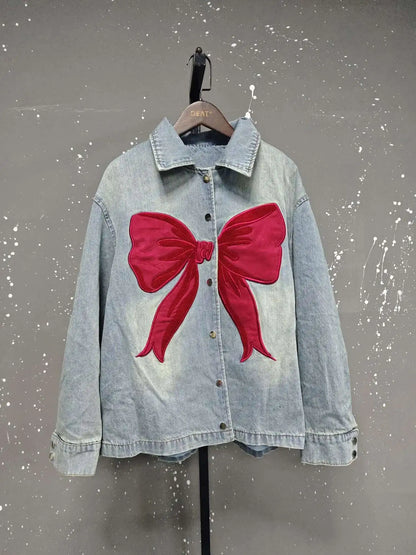 DEAT Women's Denim Coat Patchwork Red Bow Washed Blue Design Female Single Breasted Jackets 2026 Summer New Fashion 29L9359