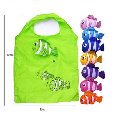 Reusable Shopping Bag Women Cute Fish Cart Flower Print  Nylon Foldable Grocery Bag Creative Eco-Friendly Tote Bag Lightweight
