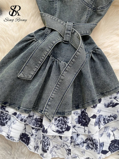 SINGREINY Streetwear Demin Strap Dress Sleeveless With Belt Design Sundress 2025 Summer Floral Splice Ladies Ball Gown Dress