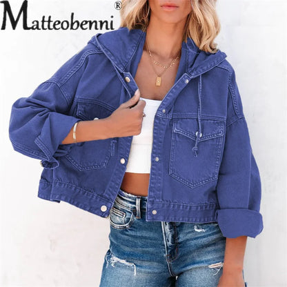Autumn Winter Drawstring Hooded Denim Jackets Women Loose Long Sleeve Outerwear Female Single-breasted Splice Pocket Short Coats