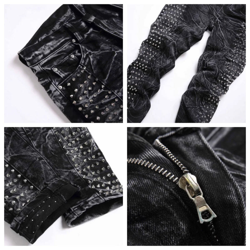 2025 new retro punk high street trendy rivet design black slim fit buckle men's jeans fashion classic denim pants