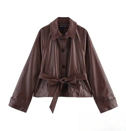 KONDALA Women Stylish Imitation Leather Short Trench Coat With Belt 2025 New Spring Fall Fashion Commuter High Street Jacket
