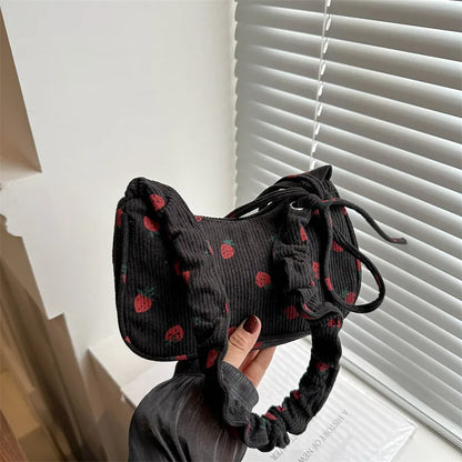Small Underarm Bag For Women Corduroy Handbag Cute Strawberry Print Little Tote Half Moon Design Eco Cloth Mini Shoulder Bag