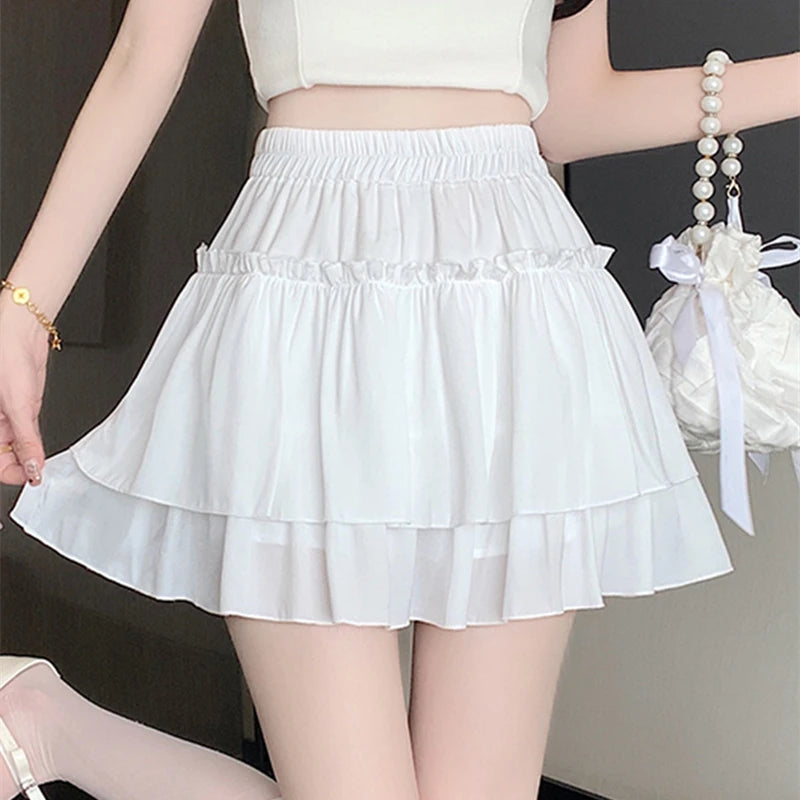 Summer Kawaii Elastic High Waist Black White Ruflles Skirt Women Fashion Slim Fit Chiffon Mini Skirts Giris Y2k All Match Faldas
