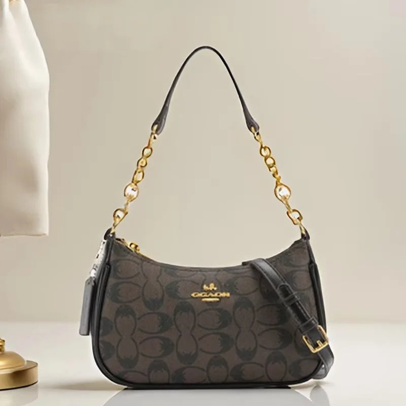 Fashion Women Geometric Print PVC Bag Chain Decor Underarm Bag Multifunctional Shoulder Crossbody Handbag Daily Use