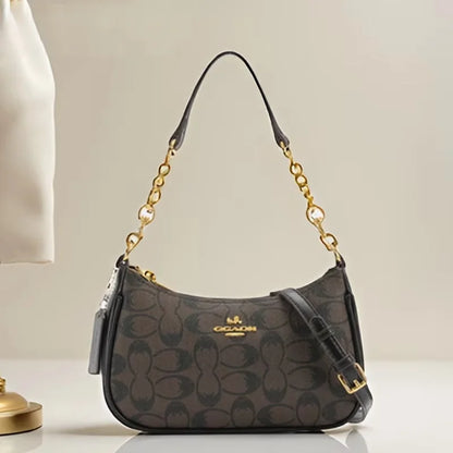 Fashion Women Geometric Print PVC Bag Chain Decor Underarm Bag Multifunctional Shoulder Crossbody Handbag Daily Use