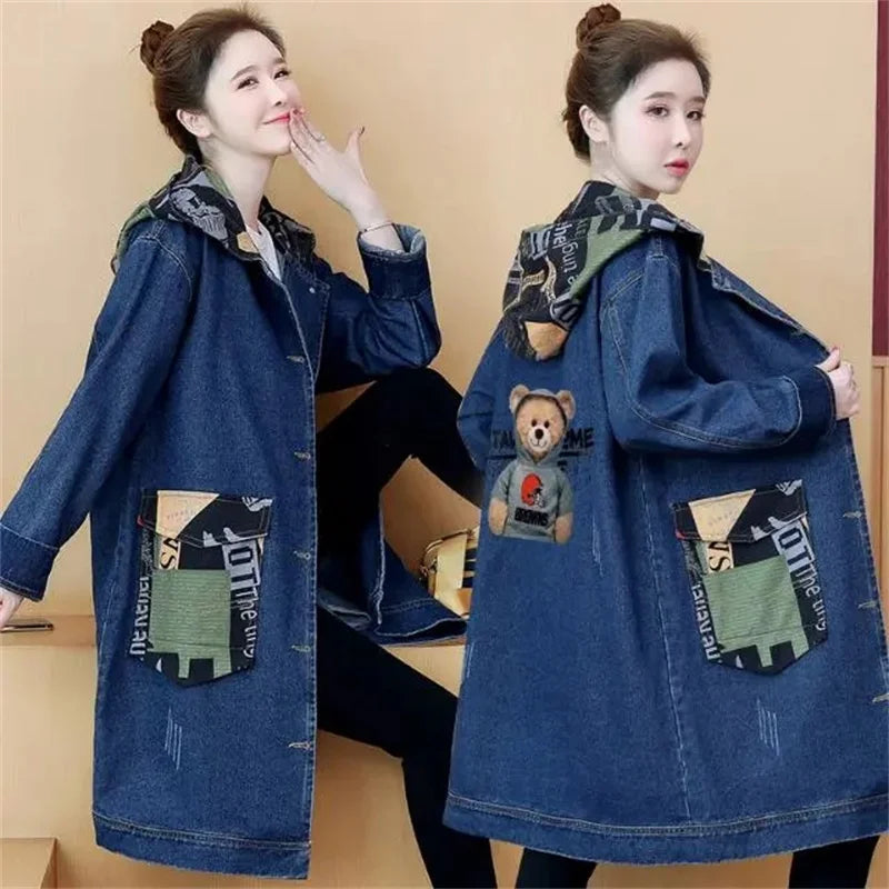2025 Spring Autumn Denim Jacket Women Hooded Windbreaker Cartoon Printed Coat Long Outerwear Female Oversize 5XL Loose Overcoat