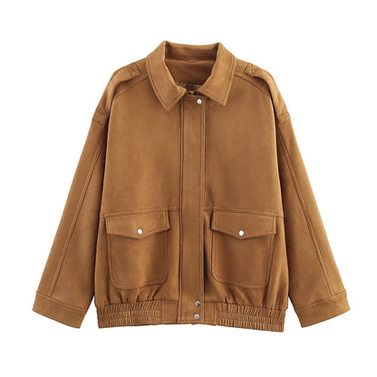 Chic Suede Bomber Jackets Women Loose Lapel Zipper Long Sleeve Pockets Female Coats 2025 Autumn Lady Commute Outwear New