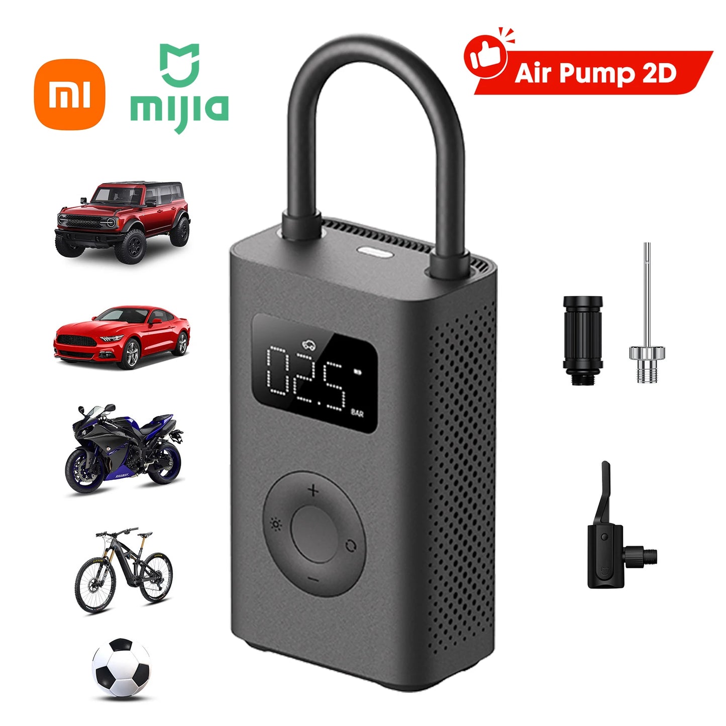 Xiaomi Mijia Air Pump 2D Portable Electric Air Compressor, Smart Digital Tire Inflator with Pressure Detection for Cars, Motorcycles, Scooters, Bicycles and Sports Balls