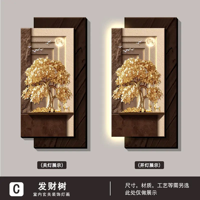 Decorative paintings at the entrance, money-bringing trees, and corridor hanging paintings, accompanied by illuminated murals