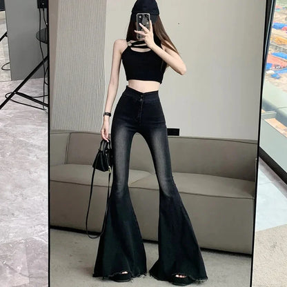 Lucyever Aesthetic Hot Skinny Flare Jeans Women Vintage Slim Fit High Waist Denim Pants Woman Y2K Streetwear Wide Leg Trousers