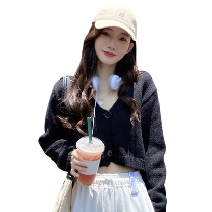 Women Autumn Long Sleeve Sweater Cardigan Sexy V-Neck Button Down Cropped Jacket Sweet Solid Candy Color Loose Knitted Outwear