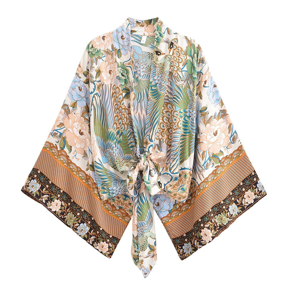 Happie Queens Peacock Short Robe Kimono Swimsuits Women Fashion Floral Batwing Sleeves Rayon Bohemian Bikini Cover Ups Beachwear