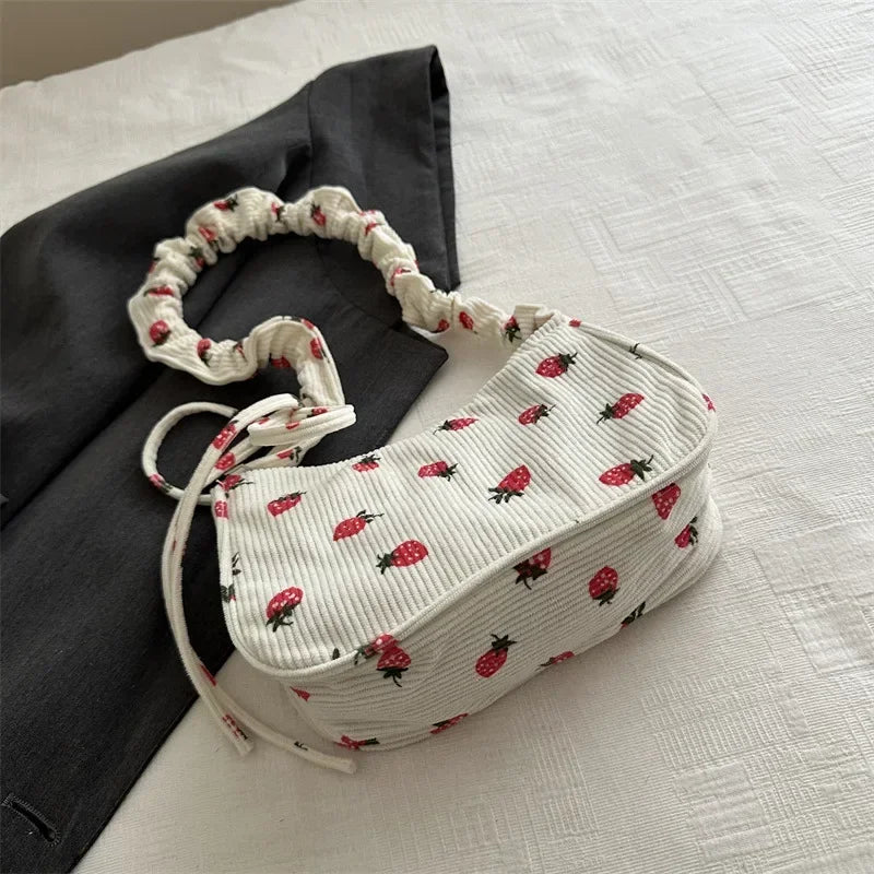 Small Underarm Bag For Women Corduroy Handbag Cute Strawberry Print Little Tote Half Moon Design Eco Cloth Mini Shoulder Bag