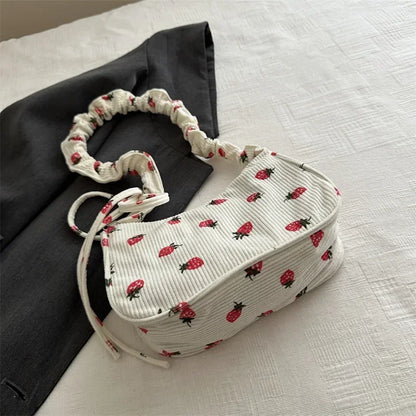 Small Underarm Bag For Women Corduroy Handbag Cute Strawberry Print Little Tote Half Moon Design Eco Cloth Mini Shoulder Bag