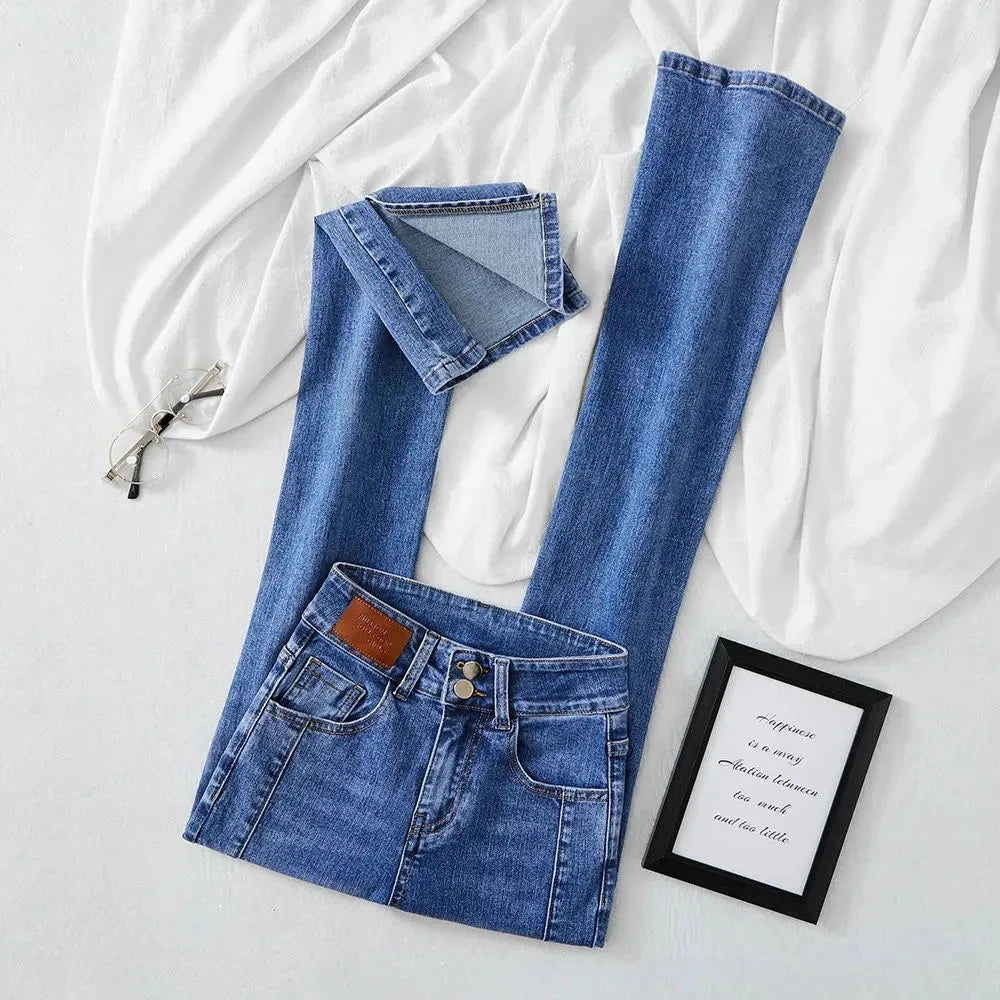 High-waist Stretch Split Flare Jeans Women Street Clothes Spring Summer 2025 New Slim Women Vintage Denim Trousers Casual Jeans