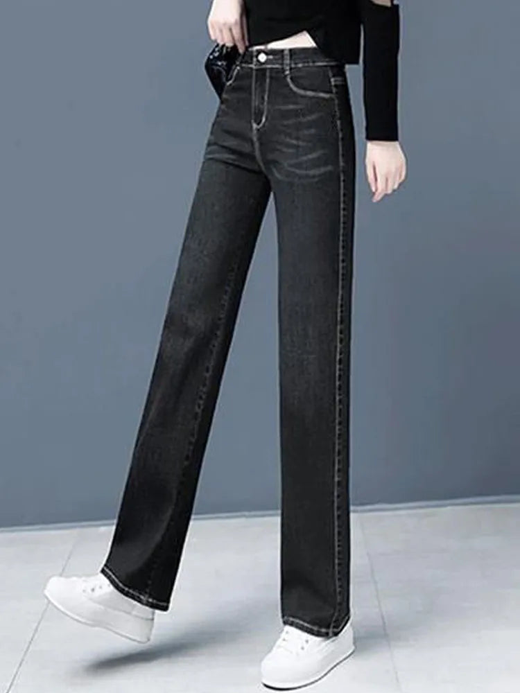 Women Vintage Thicken Loose Straight Jeans Korean Fashion High Waist Velvet Lined Denim Pants Winter Warm Snow Wear Vaqueros New