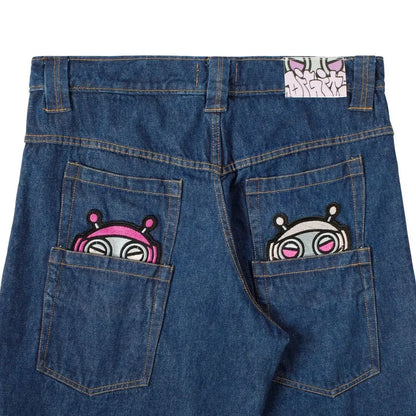 High Street Fashion Trendy Embroidery Pattern Harajuku Gothic Straight Wide Legs Casual Loose Punk Washed Old Denim Trousers