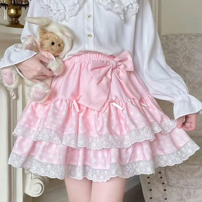 Vintage Harajuku Lolita Style Mini Skirt Women Kawaii Polka Dot Bow Lace Cake Pink Skirt Gothic Cute Sweet Schoolgirl Y2k Skirts