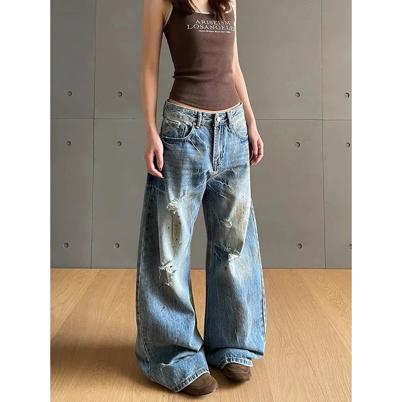 2025 Spring American Vintage Y2K 2000s Washed Do Old Blue Baggy Ripped Jeans Women's Loose Wide Leg Cargo Casual Denim Pants