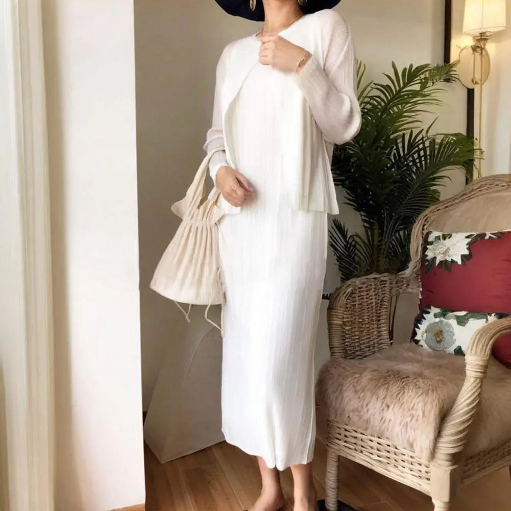Long Dress Elegant Midi Dress for Women Pleated Loose Fit Round Neck Vest Dress in Solid Color for Office or Casual Wear Pleated