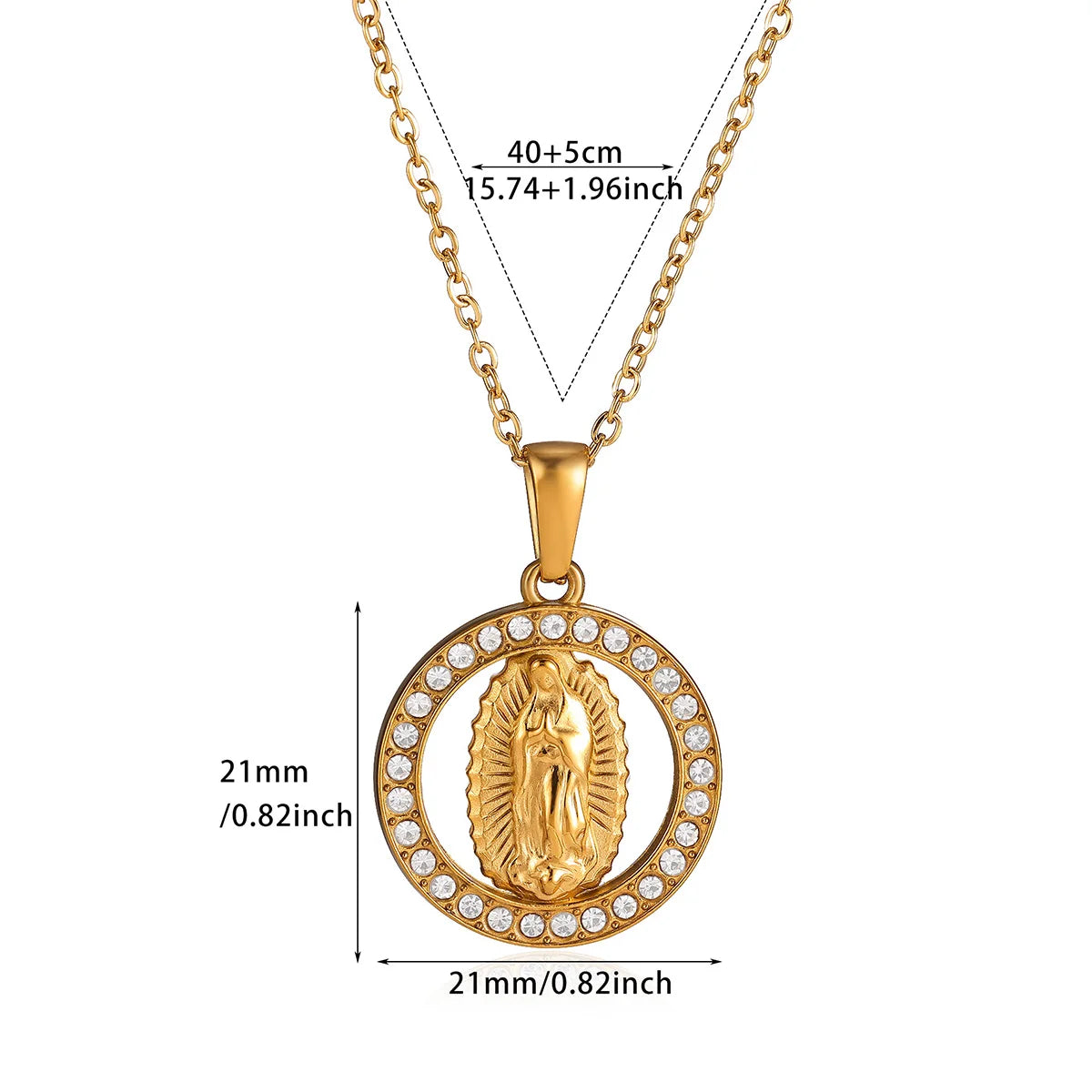 Virgin Mary Pendant With Diamonds Necklace For Women Gold Color Medal Charm Stainless Steel Religious Punk Jewelry Easter Gift