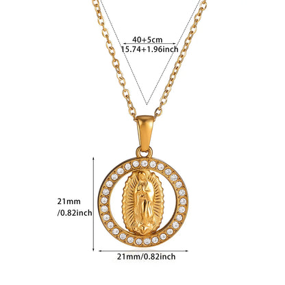 Virgin Mary Pendant With Diamonds Necklace For Women Gold Color Medal Charm Stainless Steel Religious Punk Jewelry Easter Gift
