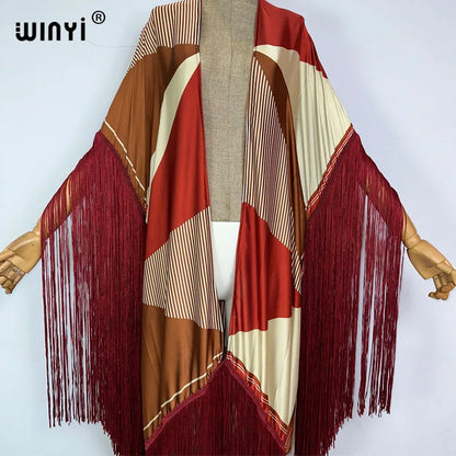 WINYI kimono cover-ups summer boho print Bikini Cover-up Elegant fashion Cardigan sexy Holiday long Sleeve tassels maxi dress