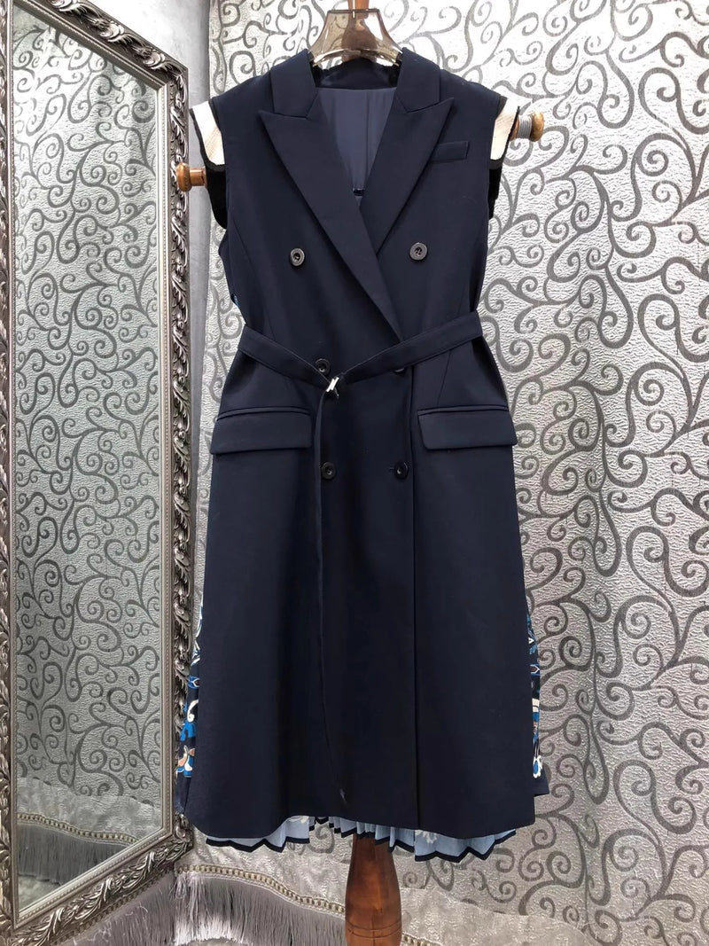 Top Quality New Blazer Dress 2025 Autumn Winter Women Notched Collar Vintage Floral Print Patchwork Belt Deco Dark Blue Dress