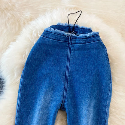 Fashion Women's Jeans 2025 Autumn New High Waist Slimming Tight-breasted Raw Edge Stretch Flared Trousers Korean Women Clothing