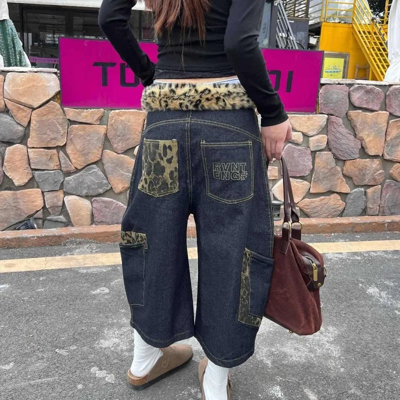 New Y2k European and American Hip-hop Leopard Print Patchwork Jeans for Women Large Pocket Straight Wide Leg Loose Cropped Pants
