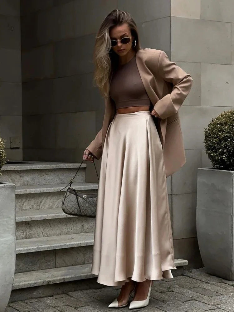 Elegant Women's Skirt Autumn Satin Silk Long Skirts for Women Fashion 2025 Lady Solid Color Khaki White High Waist Skirt Women