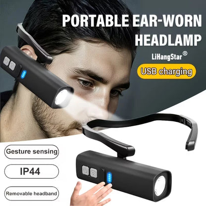 Side-mounted, ear-hook style headlamp with motion sensor; portable lightweight—ideal for outdoor night activities emergencies
