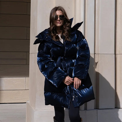 Shiny Reflective Cinched Waist Outwear Winter Luxury Elegant Lapel Cotton Coat Female Length Loose Trendy Thick Warm Down Jacket