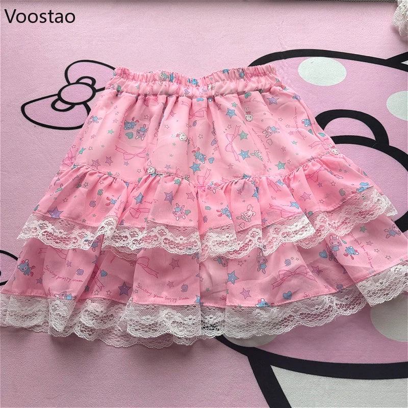 Pink Japanese Sweet Lolita Style Mini Skirt Women Kawaii Cartoon Bunny Bear Print Lace Cake Skirt Y2k Cute Skirts Faldas Mujer