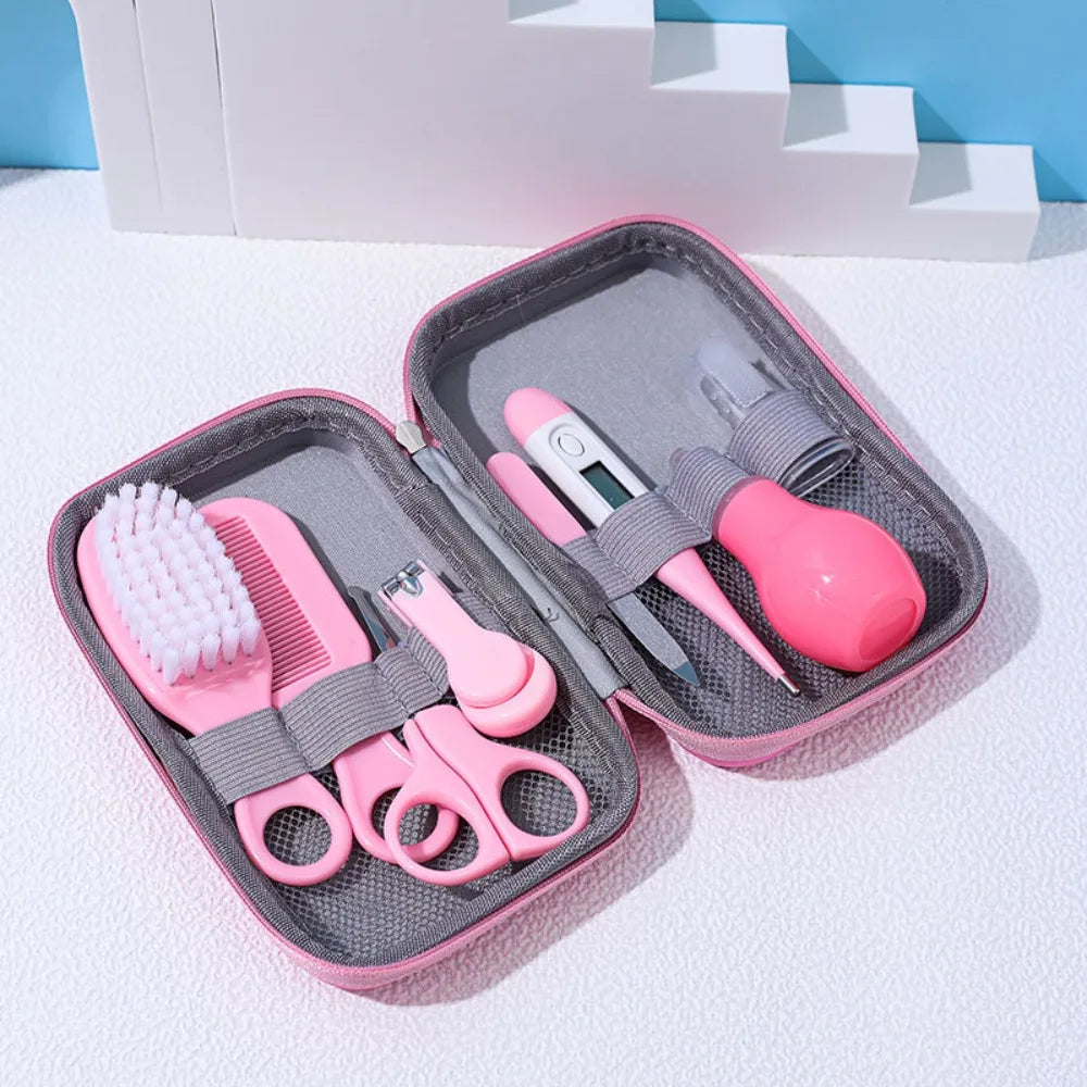 8pcs EVA Bag Baby Health Care Kit Soft Bristle Brush Material Safety Newborn Grooming Kit Nail Clippers Comb Thermometer