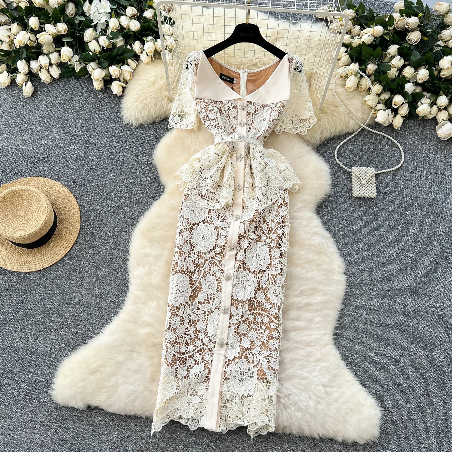 Women V-neck Vintage Short Sleeve Elegant Hook Flower Hollow Lace Chic Rhinestone Slim Dress French Evening High Street Clothing