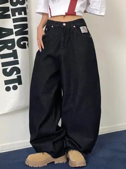 High Waist Straight Leg Bla Denim Jeans Women's Retro American Design kets Loose Fit Long Pants Slimming Effect