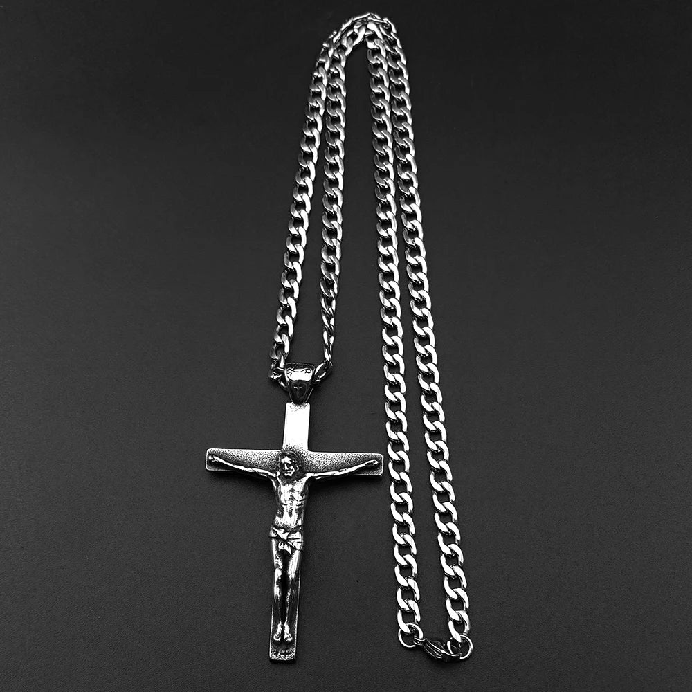 Stainless Steel Christian Jesus Cross Crucifix Pendants Necklaces for Men Women Silver Color Chain Necklaces Jewelry Gift