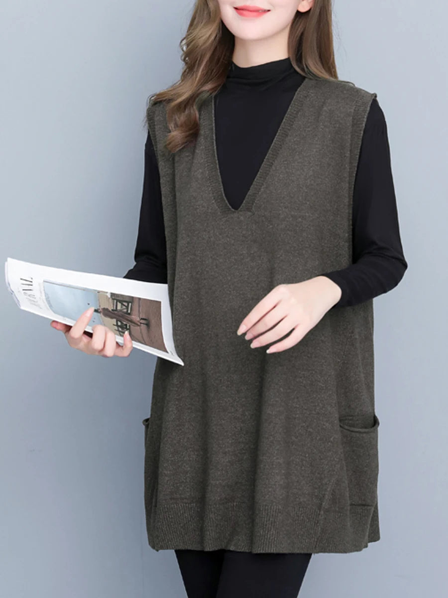 Autumn Winter Loose Svel Knitted Vest Women's Outerwear Faionable Slimming Korean Sle Polyester Fiber V-ne