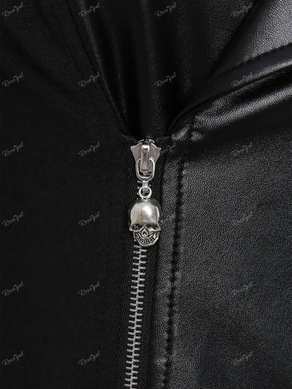 ROSEGAL Plus Size Gothic PU Panel Hooded Coats Black Slim Outwear Turn-down Collar Lace Up Braided Grommet Side Zip Jacket Coat