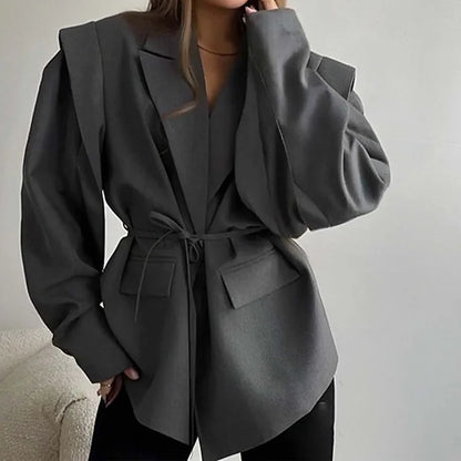 Temperament Commuter Women's Suit Coat 2025 Spring Autumn New Casual Solid Color Fashion Waist Strap Shoulder Cushion Suit Coat