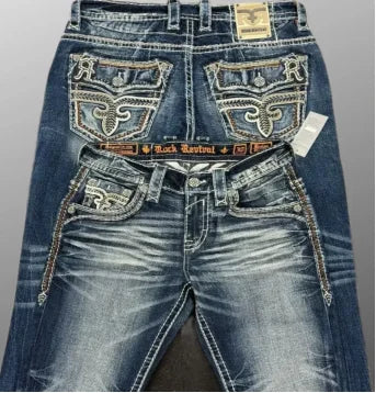 High Street Fashion Trendy Embroidery Pattern Harajuku Gothic Straight Wide Legs Casual Loose Punk Washed Old Denim Trousers