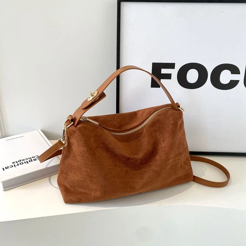 Korean Suede Bucket Bag, Women's Casual Commuting Shoulder Tote Bag, Autumn/Winter 2025 New Underarm Set Bag