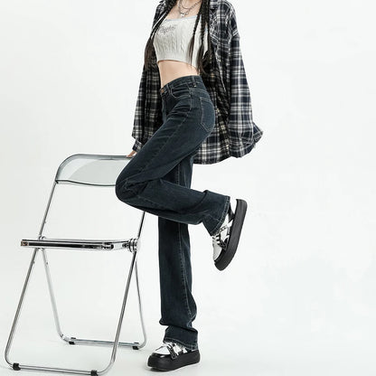 Autumn New Women's Stretch Jeans High Waist Slim Straight Vintage Washed Denim Pants Fashion Korean Street Y2K Female Clothing